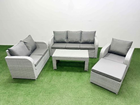 Fimous Patio PE Wicker 7 Seater Outdoor Rattan Furniture Sofa Sets with Oblong Coffee Table Reclining Chair Loveseat Sofa 3 Seater Sofa Big Footstool Light Grey