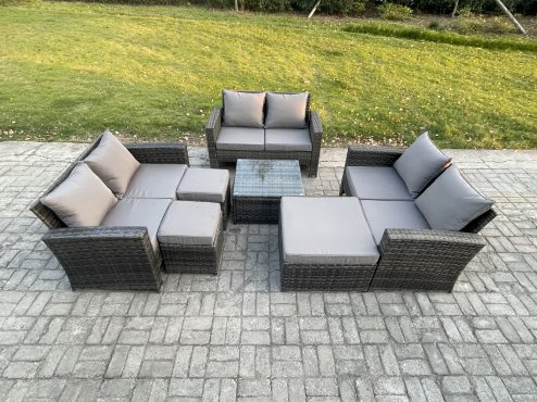 Fimous Outdoor Lounge Sofa Set Wicker PE Rattan Garden Furniture Set with Square Coffee Table Double Seat Sofa 3 Footstools Dark Grey Mixed