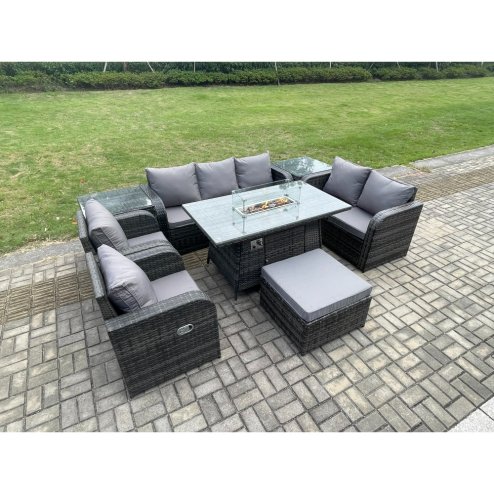 Fimous 8 Seater PE Wicker Outdoor Rattan Garden Furniture Set Propane Gas Fire Pit Table and Sofa Chair set with 2 Side Tables Big Footstool