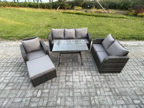 Fimous Outdoor Rattan Garden Furniture Set 7 Seater Patio Lounge Sofa Set with Dining Table Big Footstool Dark Grey Mixed