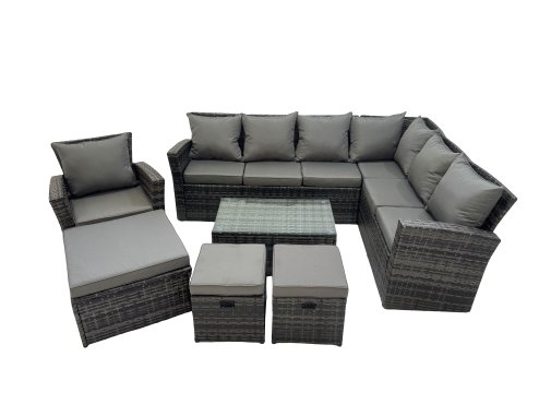 Fimous Rattan Garden Outdoor Furniture Set 10 Seater Garden Sofa Coffee Table Sets with Chair 3 Footstools Dark Grey Mixed
