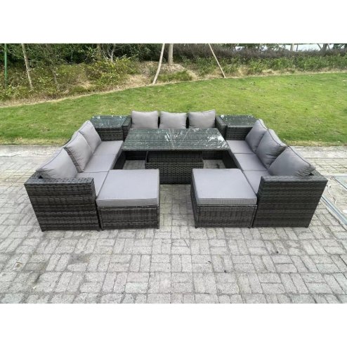 Fimous Wicker PE Rattan Garden Furniture Sofa Set Outdoor Adjustable Rising Lifting Dining Table Set with 2 Side Tables 2 Footstools 11 Seater Dark Grey Mixed