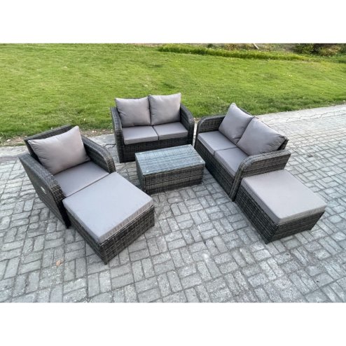Fimous 7 Seater Garden Furniture Set Rattan Outdoor Lounge Sofa Chair With Tempered Glass Table 2 Big Footstool Dark Grey Mixed