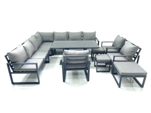 Fimous 13 Seater Outdoor Aluminum Garden Furniture Set Corner Sofa 3 Chair 3 Footstools Adjustable Rising Lifting Dining Table Sets Dark Grey