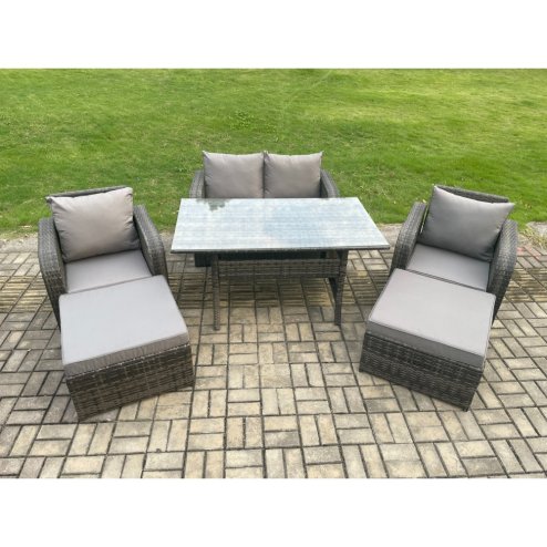 Fimous Patio Rattan Garden Furniture Set with Oblong Rectangular Dining Table 2 Big Footstool 6 Seater Outdoor Lounge Sofa Set Dark Grey Mixed