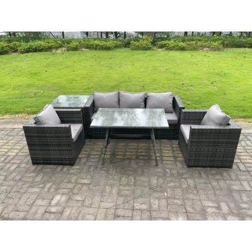 Fimous 5 Seater Wicker Rattan Outdoor Furniture Garden Dining Set with Sofa Oblong Dining Table Armchairs Side Table Dark Grey Mixed