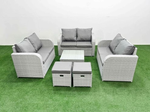 Fimous 8 Seater PE Wicker Rattan Furniture Sofa Sets with Square Coffee Table 2 Seater Love Sofa 2 Stool Light Grey Image