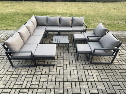 Fimous Aluminium Outdoor Garden Furniture Set Lounge Corner Sofa Square Coffee Table 2 Pcs Chair Sets with 3 Footstools Dark Grey
