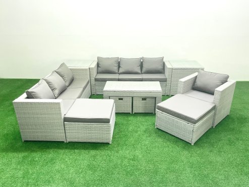Fimous Outdoor Rattan Garden Furniture Set with Grey Cushions Luxury 11 Seater with Coffee Table and 2 Side Tables For Conservatory,Patio