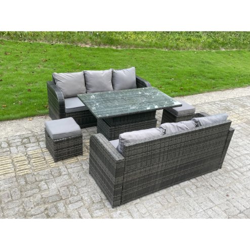 Fimous Outdoor Rattan Garden Furniture Sofa Set Dining Table Height Adjustable Rising lifting Table Lounge Sofa Small Footstools 8 Seater