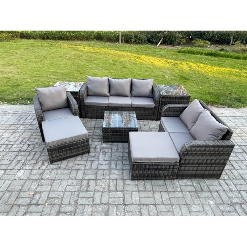 Fimous Indoor Outdoor Rattan Garden Furniture 8 Seater Set Table Sofa Chair Patio Conservatory with Grey Cushions 2 Side Tables 2 Big Footstool