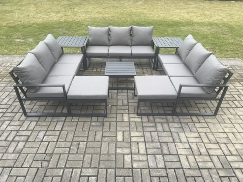 Fimous Aluminium Outdoor Garden Furniture Set Patio Lounge Sofa with Square Coffee Table 2 Side Tables 2 Big Footstools Conservatory Set Dark Grey