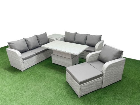 Fimous 8 Seater Poly Rattan Outdoor Garden Furniture Adjustable Lifting Dining or Coffee Table Sofa Set Patio 3 Seater Sofa Reclining Chair 3 Seater Sofa Big Footstool Side Table Light Grey