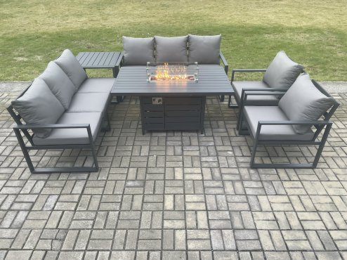 Fimous Aluminium 6 Pieces Garden Furniture Sofa Set with Cushions 8 Seater Gas Fire Pit Dining Table Set with Side Table Dark Grey