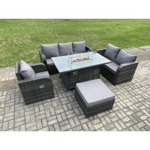 Fimous Rattan Garden Furniture Set with Fire Pit Table 7 Seater Outdoor Lounge Sofa Set Dark Grey Mixed