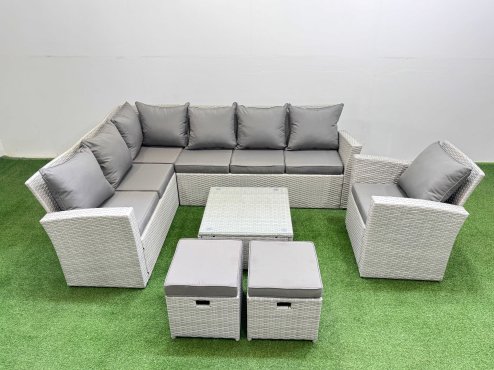 Fimous Outdoor Rattan Garden Furniture Set 9 Seater Corner Sofa Sets with Square Coffee Table Chair 2 Small Footstools Light Grey Mixed