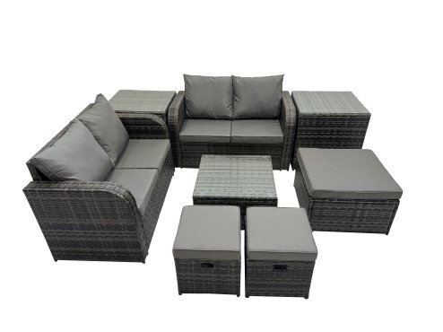 Fimous Rattan Garden Outdoor Furniture Set Love Sofa Square Coffee Table Set with 2 Side Tables 3 Stools Dark Grey Mixed