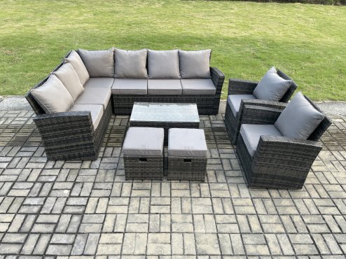 Fimous 10 Seater High Back Outdoor Garden Furniture Set Rattan Corner Sofa Set With Rectangular Coffee Table 2 Small Footstools 2 Armchairs Dark Grey Mixed