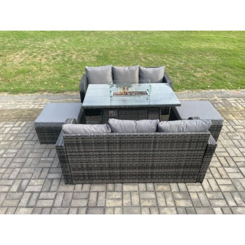 Fimous Garden Patio Furniture Wicker Rattan Gas Fire Pit Table and Sofa set with 2 Big Footstool