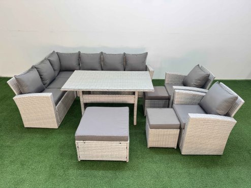 Fimous 11 Seater Rattan Garden Furniture Set Outdoor Patio Dining Corner Sofa Sets with Dining Table 2 Chairs 3 Footstools Light Grey Mixed