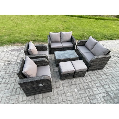 Fimous 8 Seater Rattan Garden Furniture Set Patio Outdoor Lounge Sofa Set with Rectangular Coffee Table 2 Small Footstools Love Sofa Dark Grey Mixed