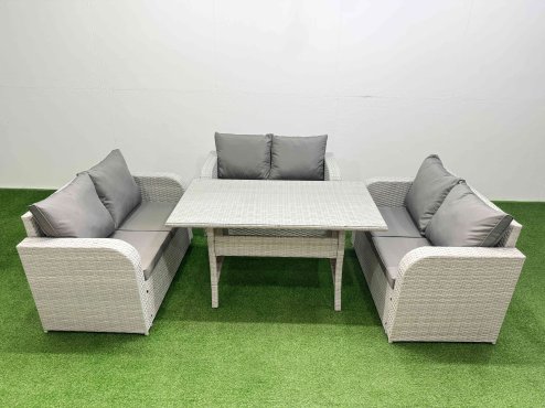 Fimous 6 Seater PE Wicker Rattan Furniture Sofa Sets with Rectangular Dining Table 2 Seater Love Sofa Light Grey