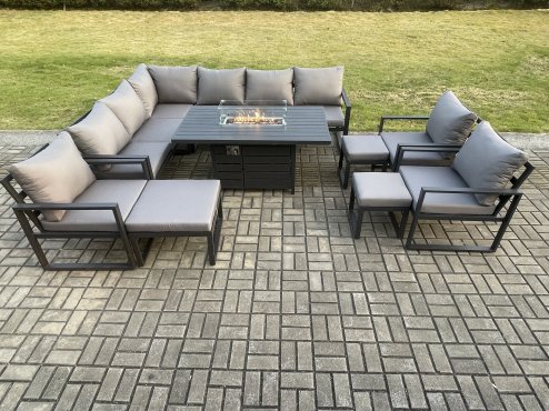 Fimous Aluminium 11 Pieces Garden Furniture Corner Sofa Set with Cushions Gas Fire Pit Dining Table Set with 3 Chairs 3 Footstools Dark Grey
