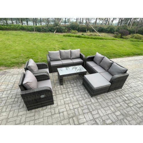 Fimous 9 Seater High Back Rattan Garden Furniture Set with Reclining Chair Rectangular Coffee Table Big Footstool Indoor Outdoor Patio Lounge Sofa Set Dark Grey Mixed