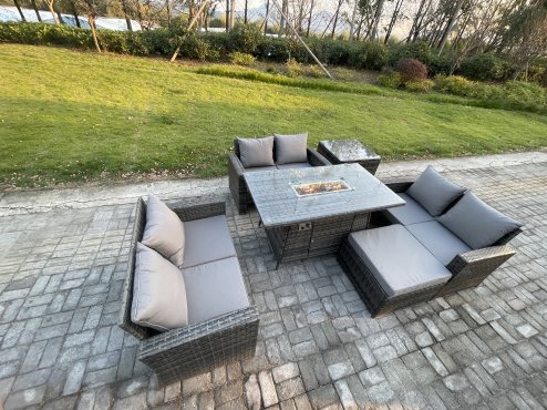 Fimous Outdoor Garden Dining Sets 7 Seater Rattan Patio Furniture Sofa Set with Gas Firepit Table Double Seat Sofa Big Footstool Side Table Dark Grey Mixed