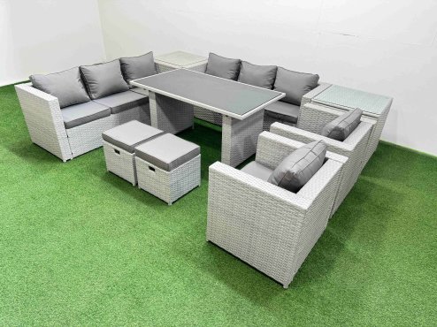 Fimous 10 Seater Wicker PE Rattan Furniture Outdoor Dining Table 3 Seater Sofa Armchair Set with 2 Side Tables 2 Small Stools Light Grey