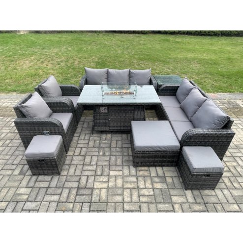 Fimous Wicker Rattan Garden Furniture Set Gas Fire Pit Dining Table Indoor Outdoor with Side Tables Chair Loveseat Sofa 3 Footstools