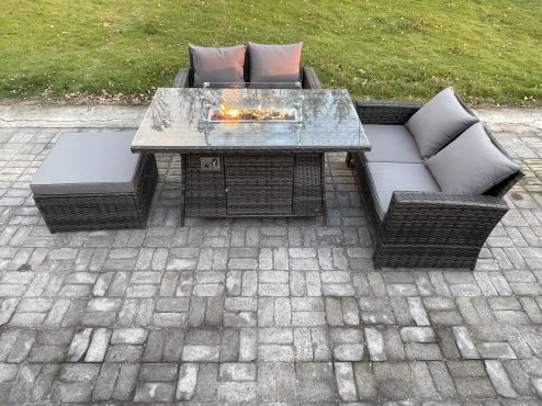Fimous 4 Pieces Garden Furniture Sets Poly Rattan Outdoor Patio Gas Firepit Dining Table Sofa Set with Big Footstool