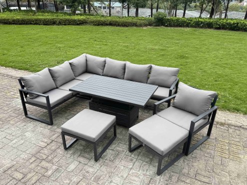 Fimous Aluminium Garden Furniture Sets,8 Seater Outdoor Conversational Dining Set with Adjustable Rising Lifting Dining Table,2 Big Footstools Dark Grey