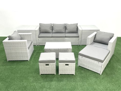 Fimous Rattan Garden Outdoor Furniture Sofa Set with Rectangular Coffee Table 2 Chairs 3 Footstools 2 Side Tables Light Grey Mixed