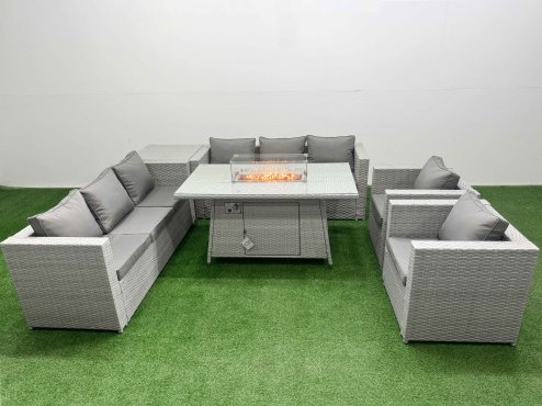 Fimous 8 Seat PE Rattan Lounge Sofa Set Outdoor Garden Furniture Set with Firepit Dining Table 3 Seater Sofa Side Table Light Grey