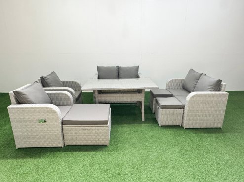 Fimous 9 Seater Outdoor Reclining Chair Love Sofa Set Rattan Garden Furniture Set with Rectangular Dining Table 3 Stools Light Grey