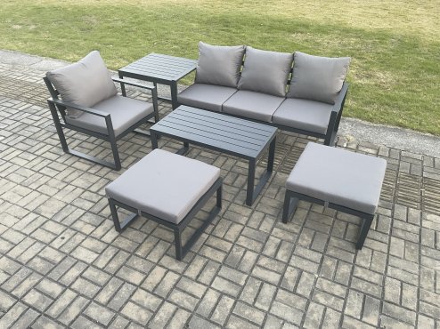 Fimous Aluminium 6 Pieces Garden Furniture Sofa Set with Cushions 6 Seater Outdoor Patio Set with Armchair 2 Big Footstools Side Table Dark Grey