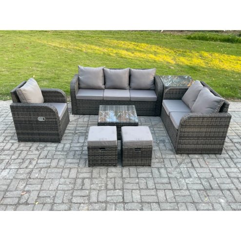 Fimous Rattan Garden Furniture 7 Piece Patio Set With Table Sofa Square Coffee Table Reclining Chair Love seat sofa Side Table 2 Small Footstools