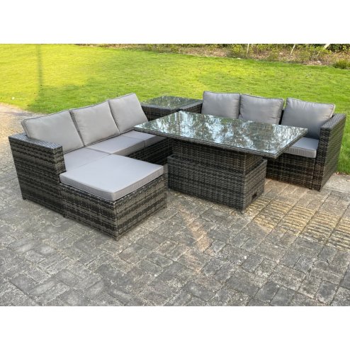 Fimous 7 Seater?Outdoor Rattan Sofa Set Adjustable Rising Lifting Dining Table Side Tea Coffee Table Footstool Dark Grey Mixed