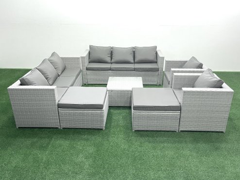 Fimous Outdoor Rattan Sofa Garden Furniture Set with 2 Armchairs Square Coffee Table 2 Big Footstools Light Grey Mixed