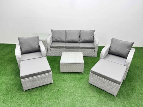 Fimous PE Rattan Garden Furniture Set Reclining Chair Sofa Lounge Sofa Set Square Coffee Table Side Table 2 Big Footstool Light Grey Image