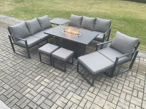 Fimous Aluminium 8 Pieces Garden Furniture Sofa Set with Cushions 10 Seater Gas Fire Pit Dining Table Set with Side Table 3 Footstools Dark Grey