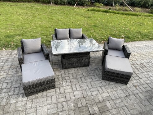 Fimous Wicker Rattan Garden Furniture Rising Table Set with 2 Big Footstool Double Seat Sofa Armchairs Dark Grey Mixed