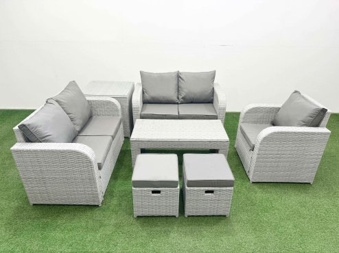 Fimous High Back Poly Rattan Garden Furniture Set with Reclining Chair Loveseat Sofa Oblong Coffee Table Indoor Outdoor Patio Set 2 Stool Side Table Light Grey Image