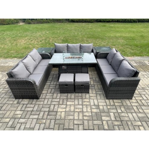 Fimous Outdoor Rattan Furniture Garden Dining Set Gas Fire Pit Table With 2 Side Tables Lounge Sofa 2 Small Footstool