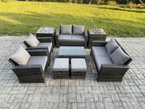 Fimous Garden Furniture Sets 9 Pieces Outdoor Rattan Furniture Manual Wicker Patio Sofa Chair Set with Coffee Table 2 Small Footstools 2 Side Tables Dark Grey Mixed