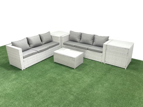 Fimous Garden Outdoor PE Rattan Furniture Set 6 Seater Rattan Garden Sofa Set with 2 Side Tables Light Grey Mixed Image