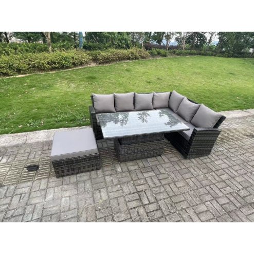 Fimous 7 Seater?Outdoor Rattan High Back Adjustable Rising Lifting Dining Table Corner Sofa Set Garden Furniture Dark Grey Mixed Right Hand
