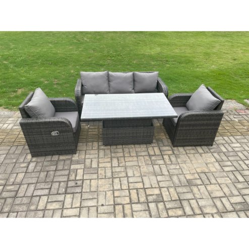 Fimous Rattan Outdoor Garden Furniture Sets Height Adjustable Rising lifting Dining Table Lounge Sofa Set With Reclining Chair Dark Grey Mixed
