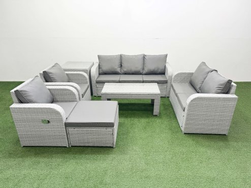 Fimous PE Rattan Garden Furniture Set Adjustable Chair Sofa Double Love Seat 2 Seater Sofa Lounge Set Rectangular Coffee Table Big Footstool Side Table Light Grey Image